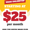 Advertisement for the Super Wash Club with promotional text and logo on a yellow background