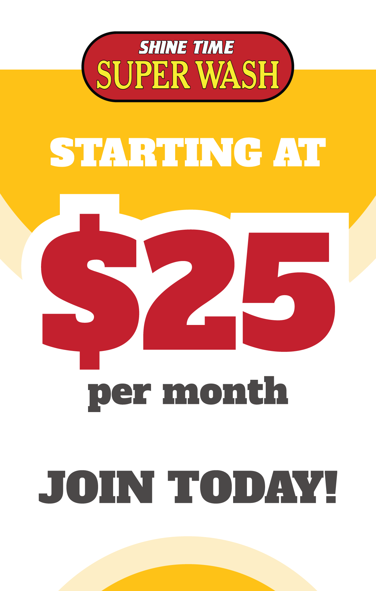 Advertisement for Shine Time Super Wash with pricing and call to action on a yellow and white background.